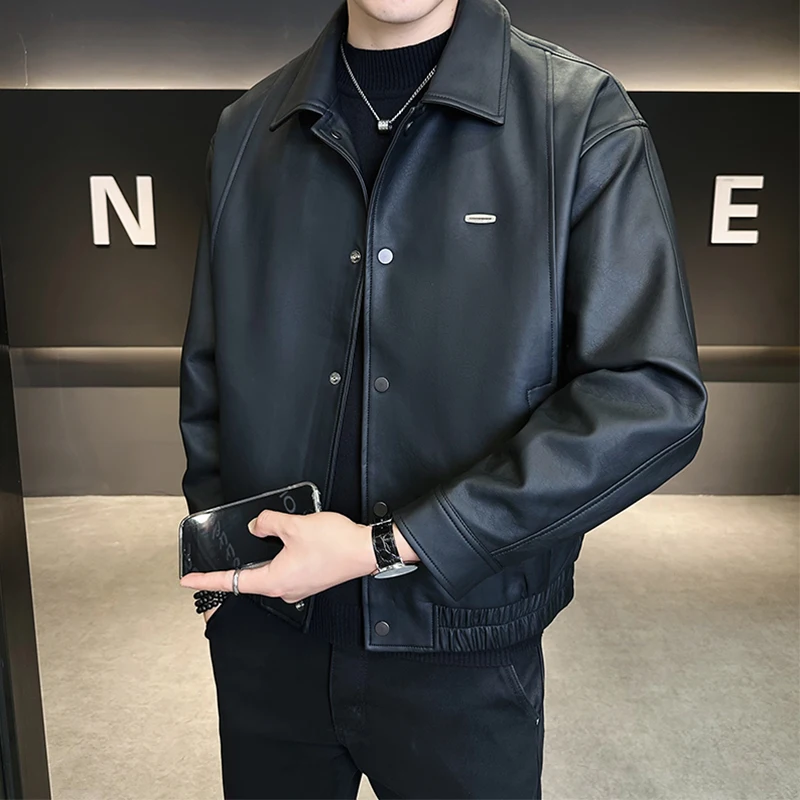 

Модная кожаная куртка для мужчин, повседневная длинная куртка-стойка с откидным воротником и подкладкой, молодежная верхняя одежда из искусственной кожи, весенне-осенняя одежда