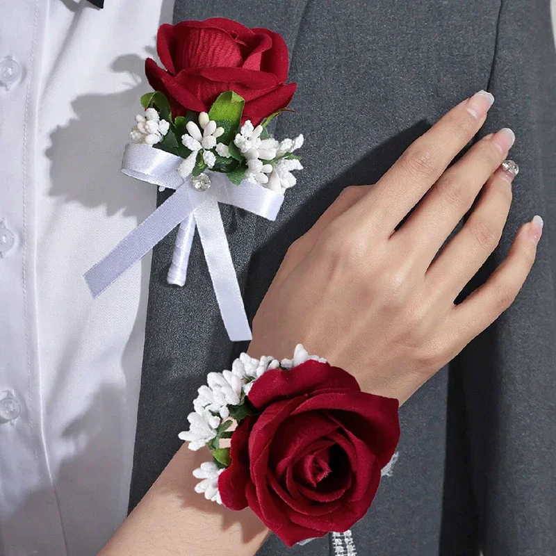 1pc Red Rose Wrist Corsage and Boutonniere for Groom Bride Groomsmen Bridesmaids Wedding Party Prom Wrist Corsage Wristband