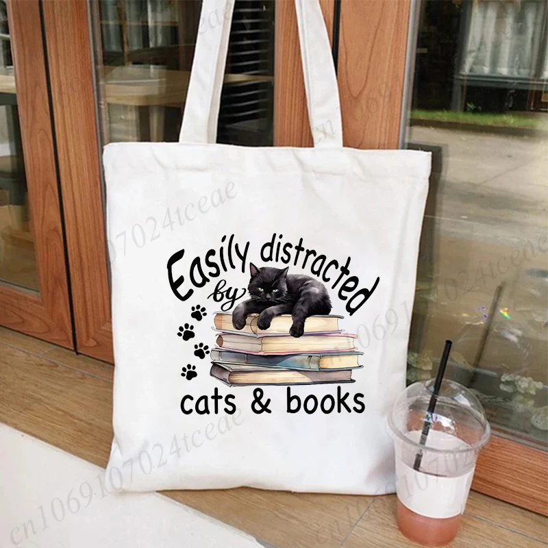 Cats Reading Print Shopping Bags for Woman Gift for Book Lover Gift for Cat Owner Bookish Canvas Shopping Bag Books Cat Tote Bag