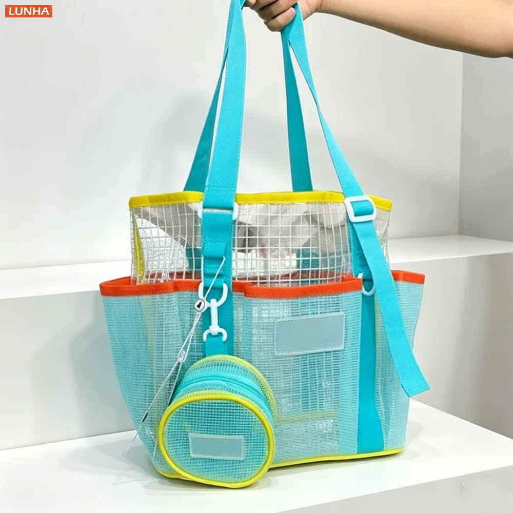 PVC Mesh Drawstring Beach Tote Bag Foldable Dry Wet Separation Toiletry Bags Waterproof Wear Resistant for Beach Swimming Pool