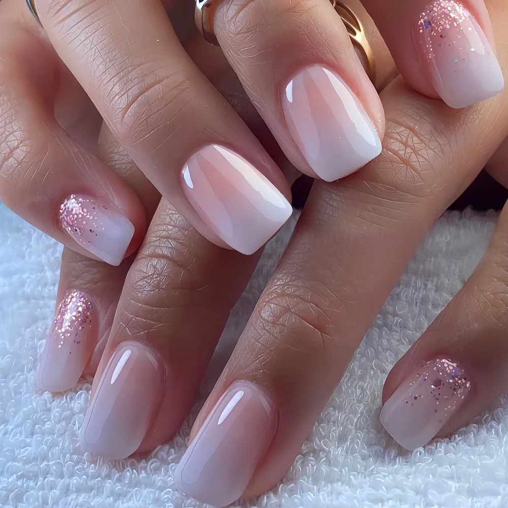

24Pcs Short Pink False Nails Glitter Nude with French Design Wearable Fake Nails Artificial Full Cover Press on Nails Tips Art