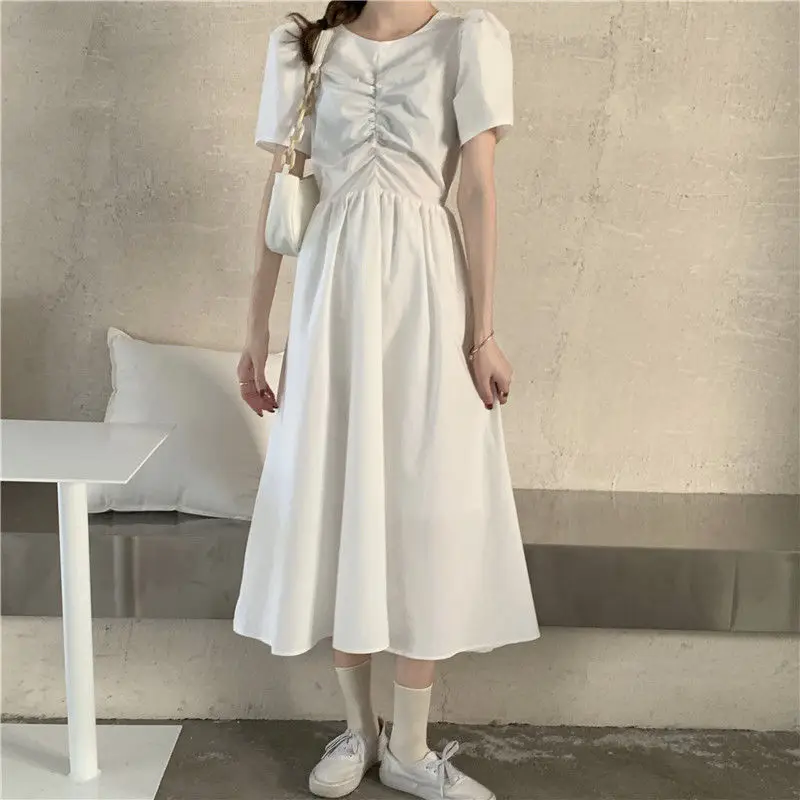 Summer New Solid Round Neck Color Hollow Out Backless Bow Waist High Long Dress Simplicity All-match Korean Women Clothing