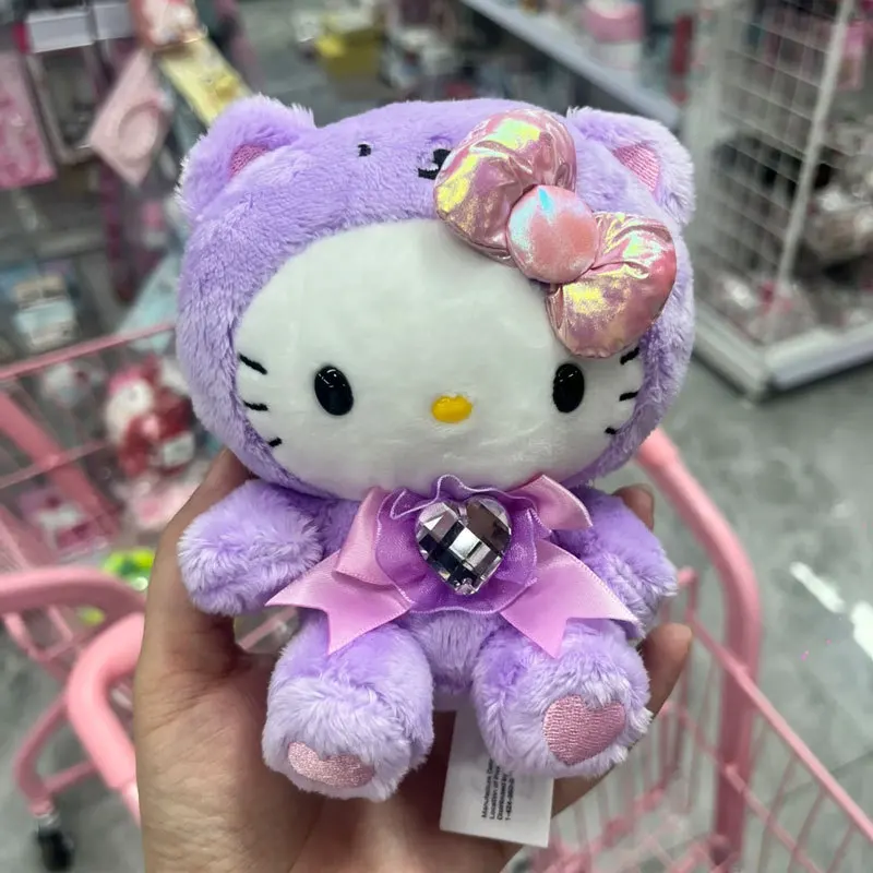 Llaveros de peluche de Hello Kitty, serie de cumpleaños de arcoíris, peluches coloridos, colgante relleno, gema, lazo, llaveros de peluche de gatito, cumpleaños g