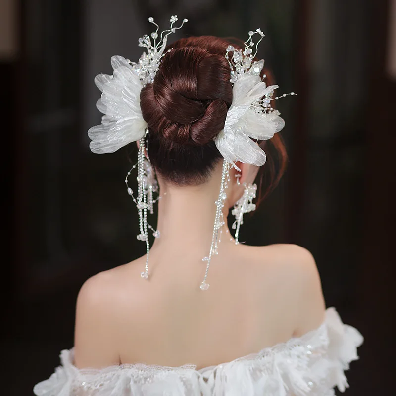 Bridal Head Flower Set New Korean Forest Floral Crystal Tassel Hairpin Super Fairy Wedding Makeup  Hair Accessories