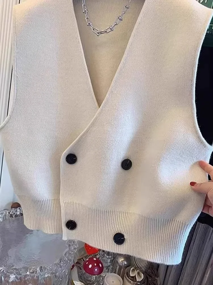 Comfortabel gebreid V-Ne Svel-vest Casual faionable gelaagdheid Top Knoopdetail Pure kleur Lenteseizoen Normale pasvorm