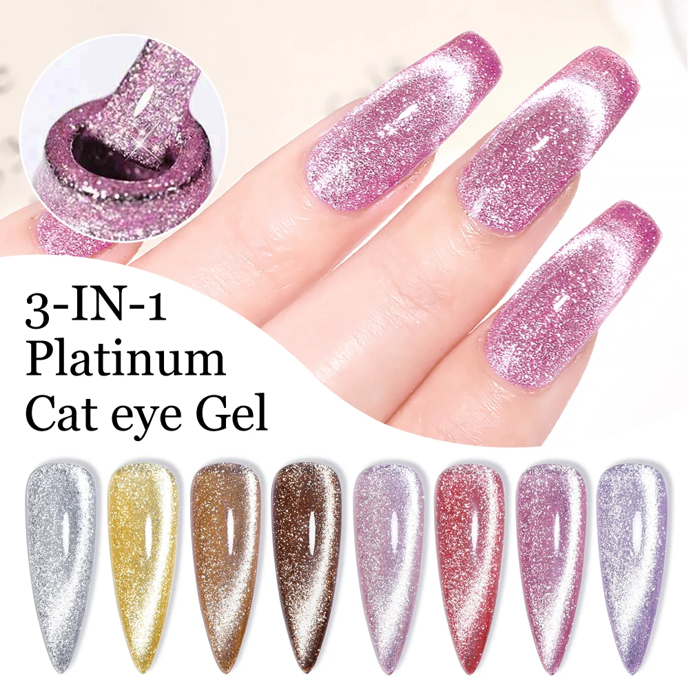 CHUNSHU 10ml Platinum Cat Magnetic Gel 9D Soak Off UV Gel Nail Polish 3-In-1 Shining Sliver Cat Eye Glitter Varnish For Manicure