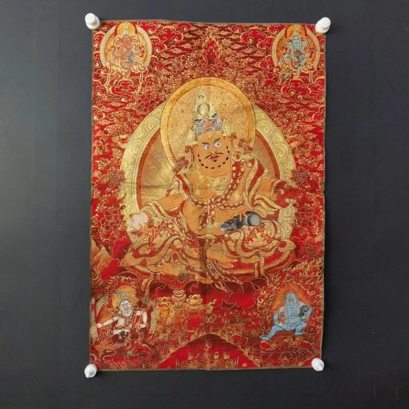 Tibetan Buddhism Yellow Wealth God Statue Tangka Embroidery Decoration Hanging Painting Buddhist Altar Decor