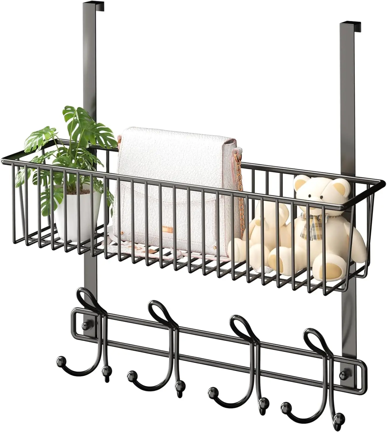 

Органайзер-вешалка на дверь с корзиной, 12 крючков для полотенец и одежды в ванную, спальню, кухню - черный