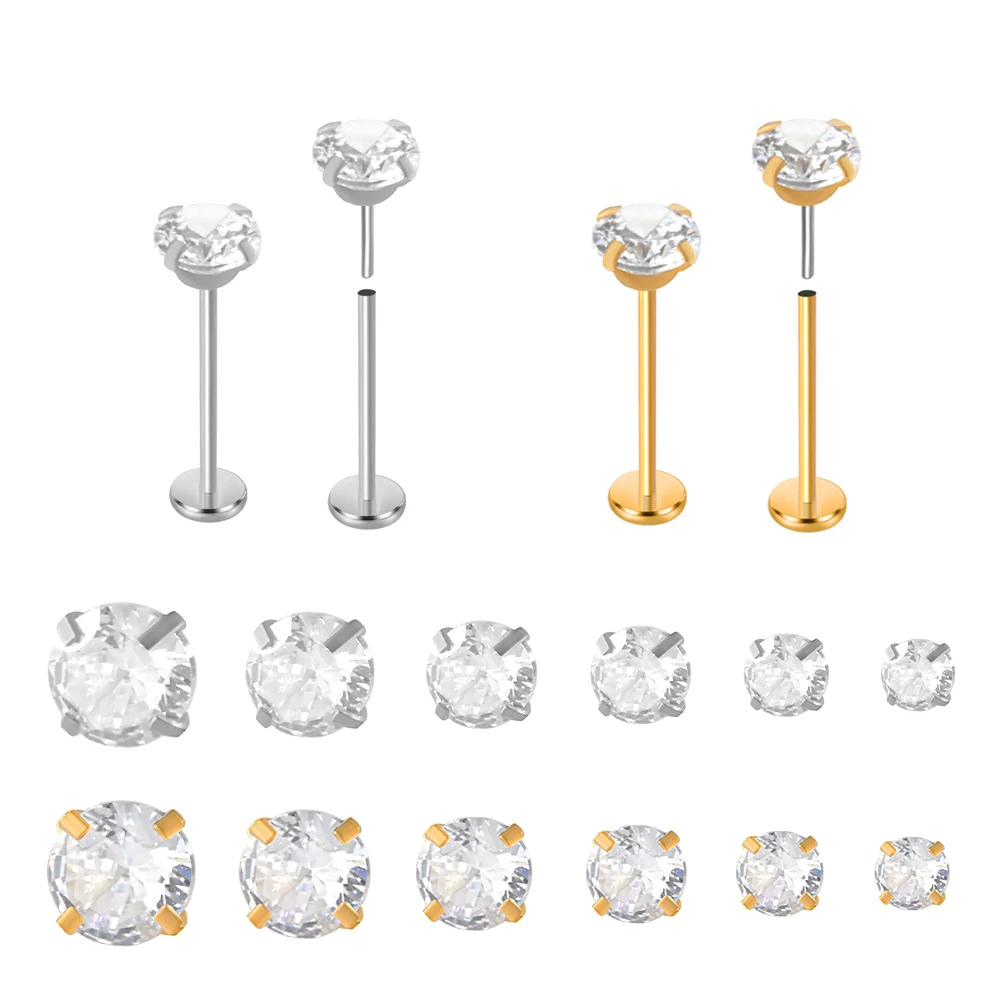 1PC Surgical Steel Insertion Rod Zircon Labret Lip Stud Silver Color Ear Cartilage Tragus Helix Daith Piercing Jewelry 20 G