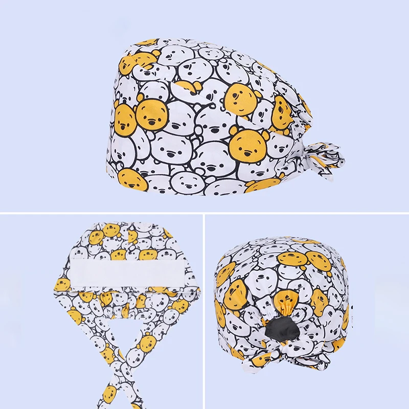 Cute Bear Print Surgical Caps Women Medical Hat Hospital Nurse Doctor Headwear Dental Clinic Nursing Hats for Long Hair M911