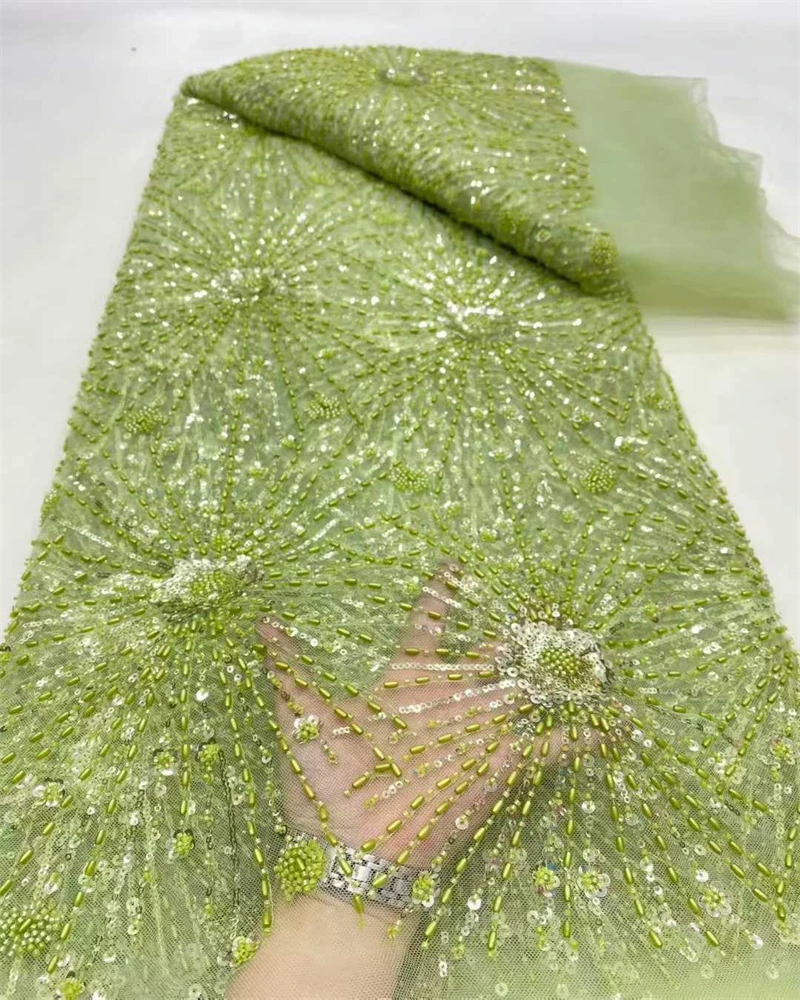 

African Beads Lace Fabric 2025 High Quality Nigerian Sequins Beads Lace Fabric French Laces Fabrics For Party Dress Sew