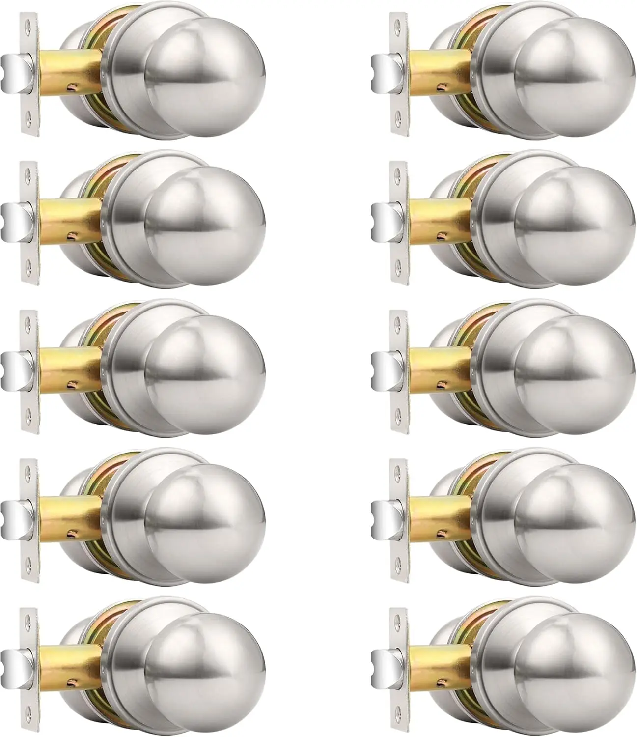 

Round Brushed Nickel Passage Door Knobs, Interior Handles for Hallway Closet, Keyless Lock, 10-Pack