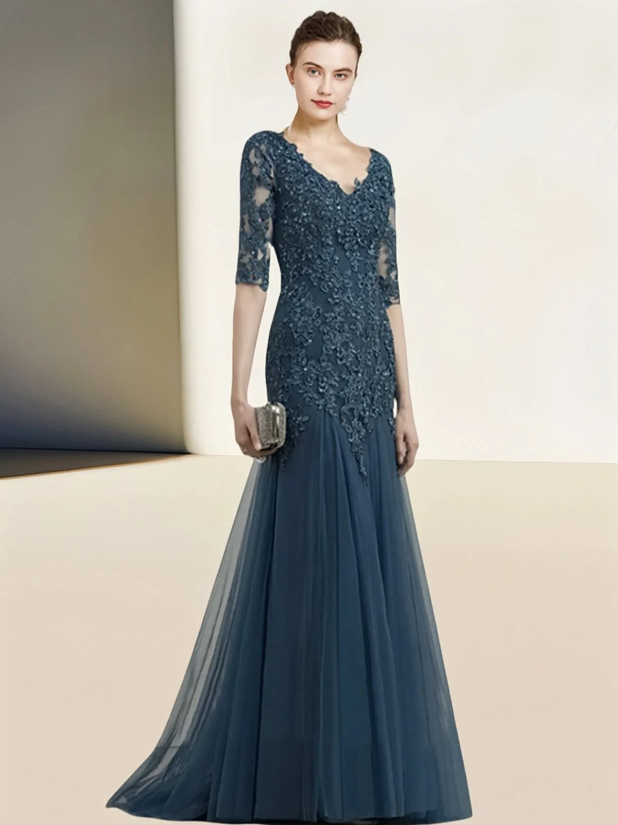 

Mother of the Bride Dress Elegant Mermaid V Neck Lace Tulle Half Sleeve Wedding Guest Elegant Casual with Appliques 2025