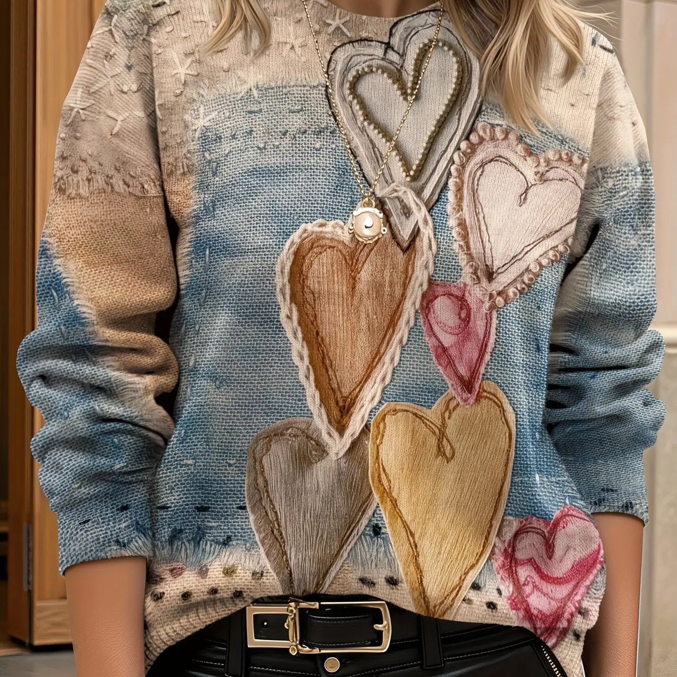 

Women's All-Over Print Sweater with Pink Multicolor Heart & Cupcake Patterns Long Sleeve Crewneck Sweater Coat Jacket-like Style