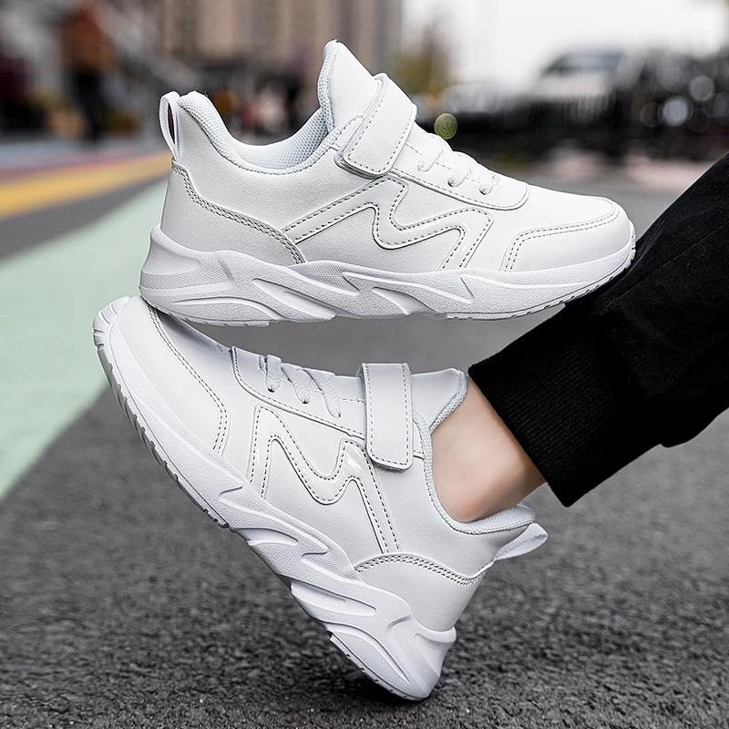 Boys Black Sneakers Leather Waterproof White Shoes Pure Black Comfort Non Slip Daily Running Footwear Suitable For Primary Schoo