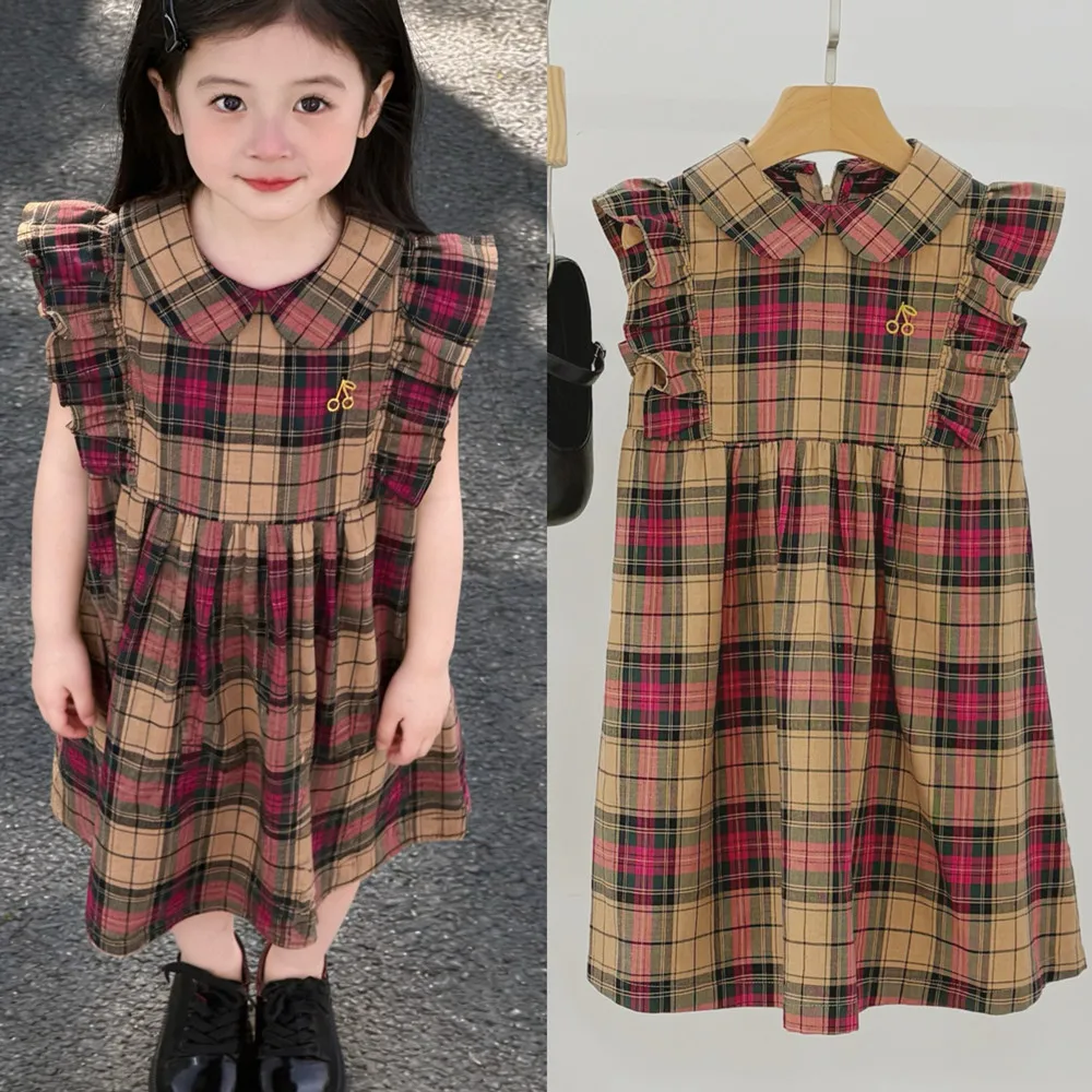 Summer girls' dress Flying sleeve checkered dress Scottish checkered cherry dress cotton baby girl clothes baby dresses