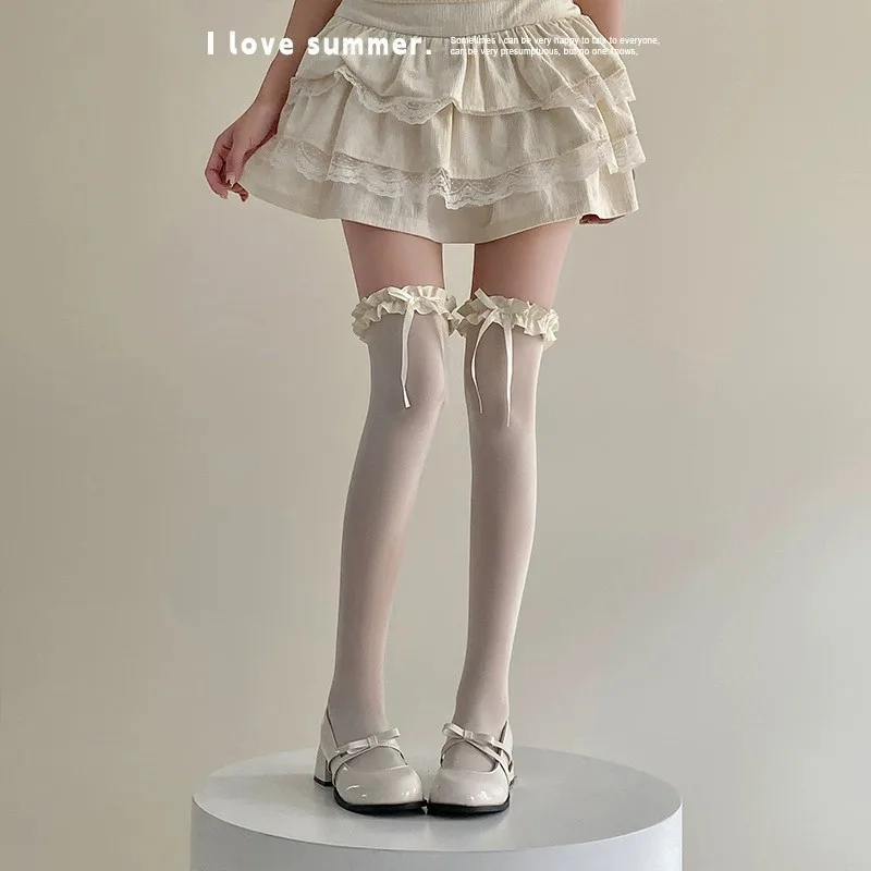 1/3 ペア女性バレエスタイルロングソックスロリータ JK レースの弓夏薄型通気性ソフト快適なニーソックス