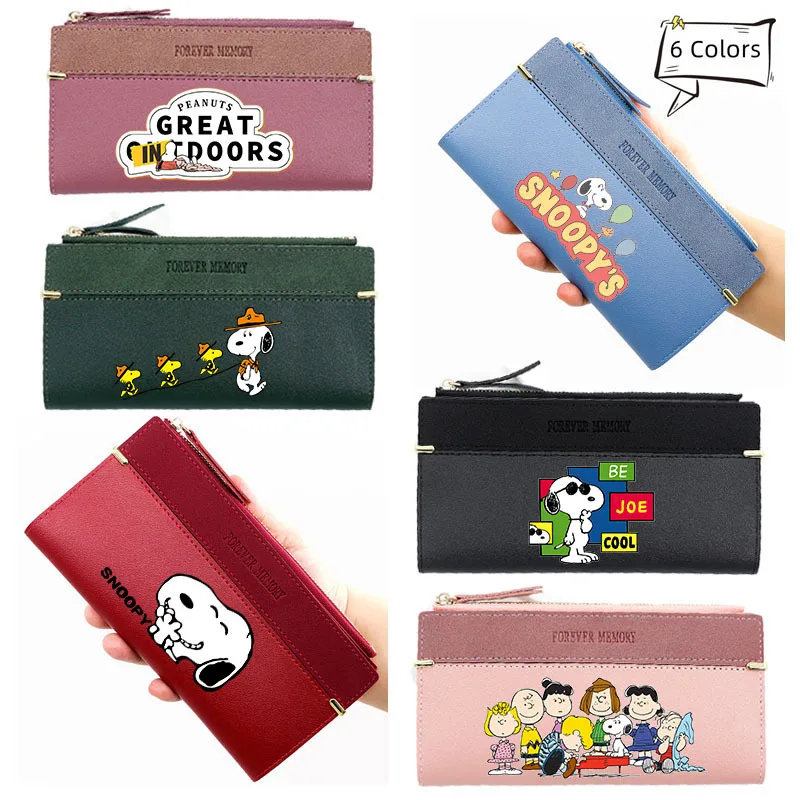 Miniso Snoopy Wallet Women Long Leather Hold Zipper Bag Girl Cartoon Cute Snoopy Print Large Capacity Card Coin Organizer Purse