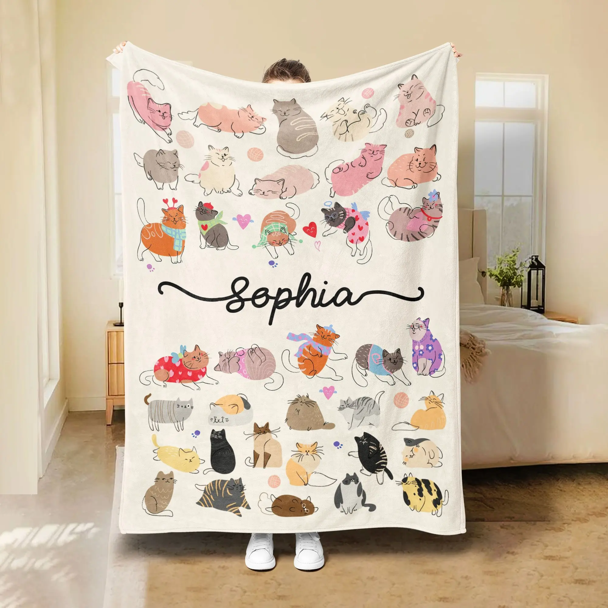 1pc Custom Name Blanket with Cartoon Cats Soft Warm Flannel Perfect for Sofa Bed Travel All-Season Gift for Friends Family