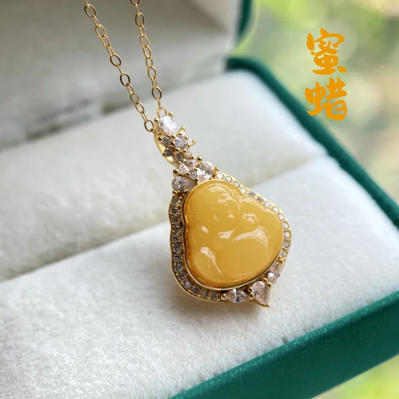 Natural S925 Sterling Silver Inlaid With Chicken Oil Yellow Amber Laughing Buddha Single Pendant Small Budd