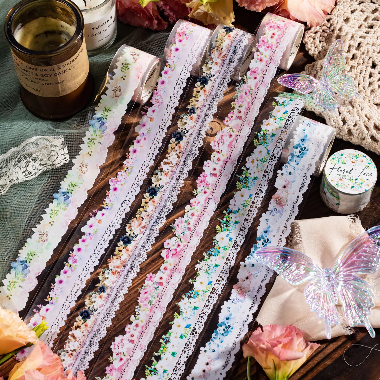 30mm*200cm Floral Lace Series Vintage Watercolor Flower PET Tape Creative DIY Journal Material Collage Stationery