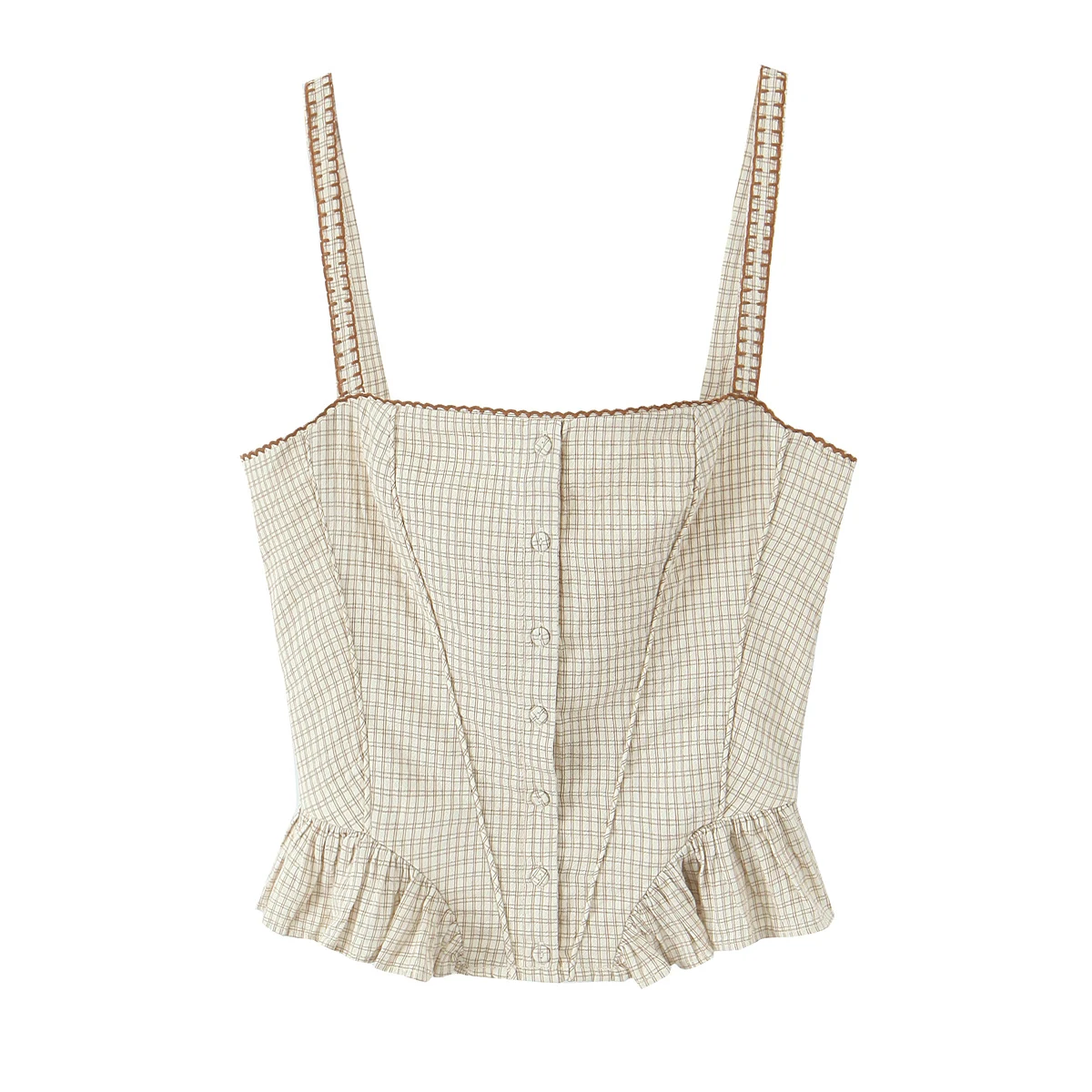 Sexy Plaid Binding Slim Wood Ears Hem Sleeveless Tank Top + Elastic Waist Ruffles Swing A-lined Short Skirt 2 Pieces Set