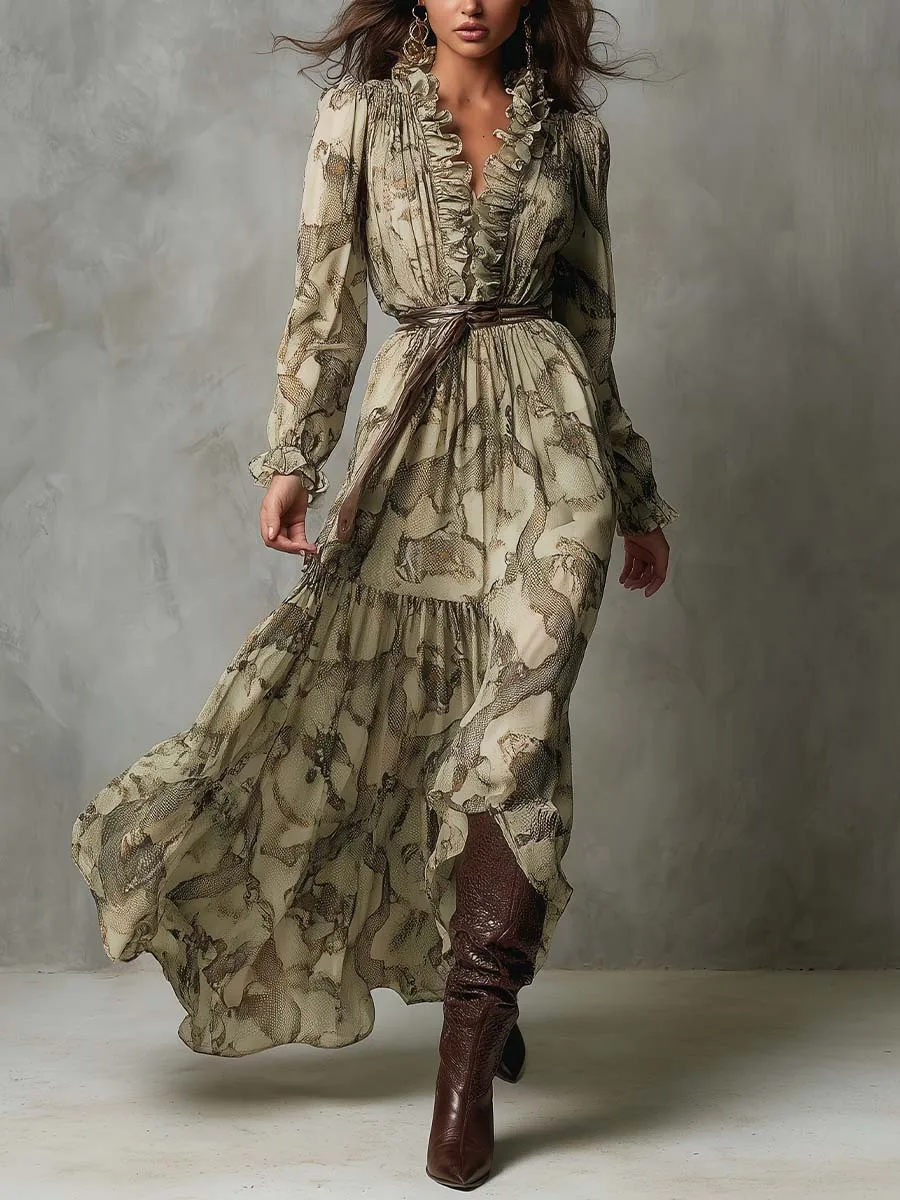 

2026 New Elegant Fashionable Long Dress for Women Retro Chiffon Snake Print V-neck Ruffled Long-Sleeved Lace Up Maxi Dress