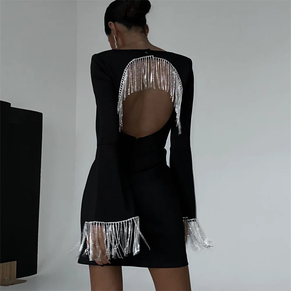 Women\'s Chic Tassel Hollow Mini Dress Long Sleeve Backless Shiny Square Neck Black Short Elegant Christmas Party Evening Prom