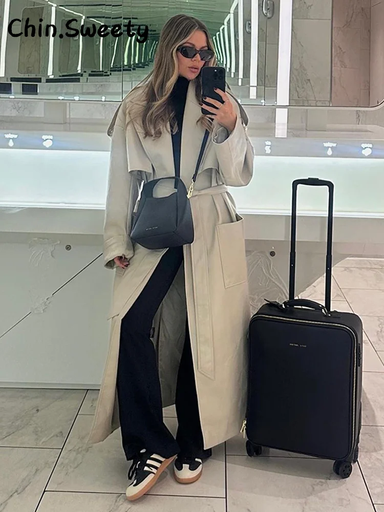

Street Women's Long Leather Trench Coat With Belt Loose Solid Lapel Full Sleeve Pockets Overcoat 2025 Autumn Winter Lady Outwear