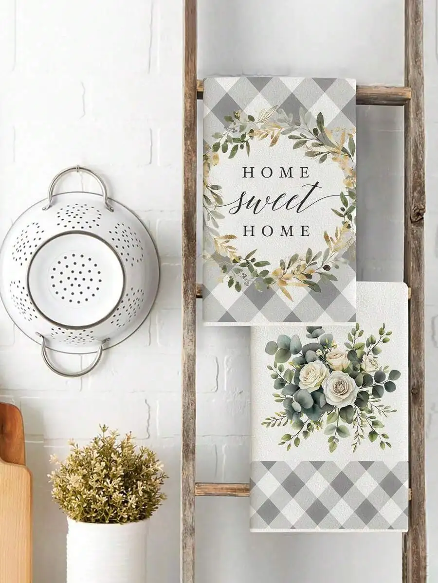 1/2 Pcs Multifunctional Eucalyptus Green Kitchen Towel Set Ultra Soft Thick Microfiber Polyester Hand Towels With Floral