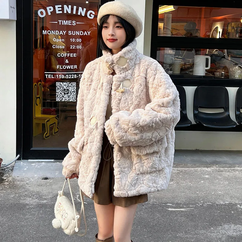 Winter Lamb Wool Coat Women\'s Korean New Faux Rabbit Velvet Corner Buckle Furry Outercoat Long Sleeve Warm Fur Jacket Female Top