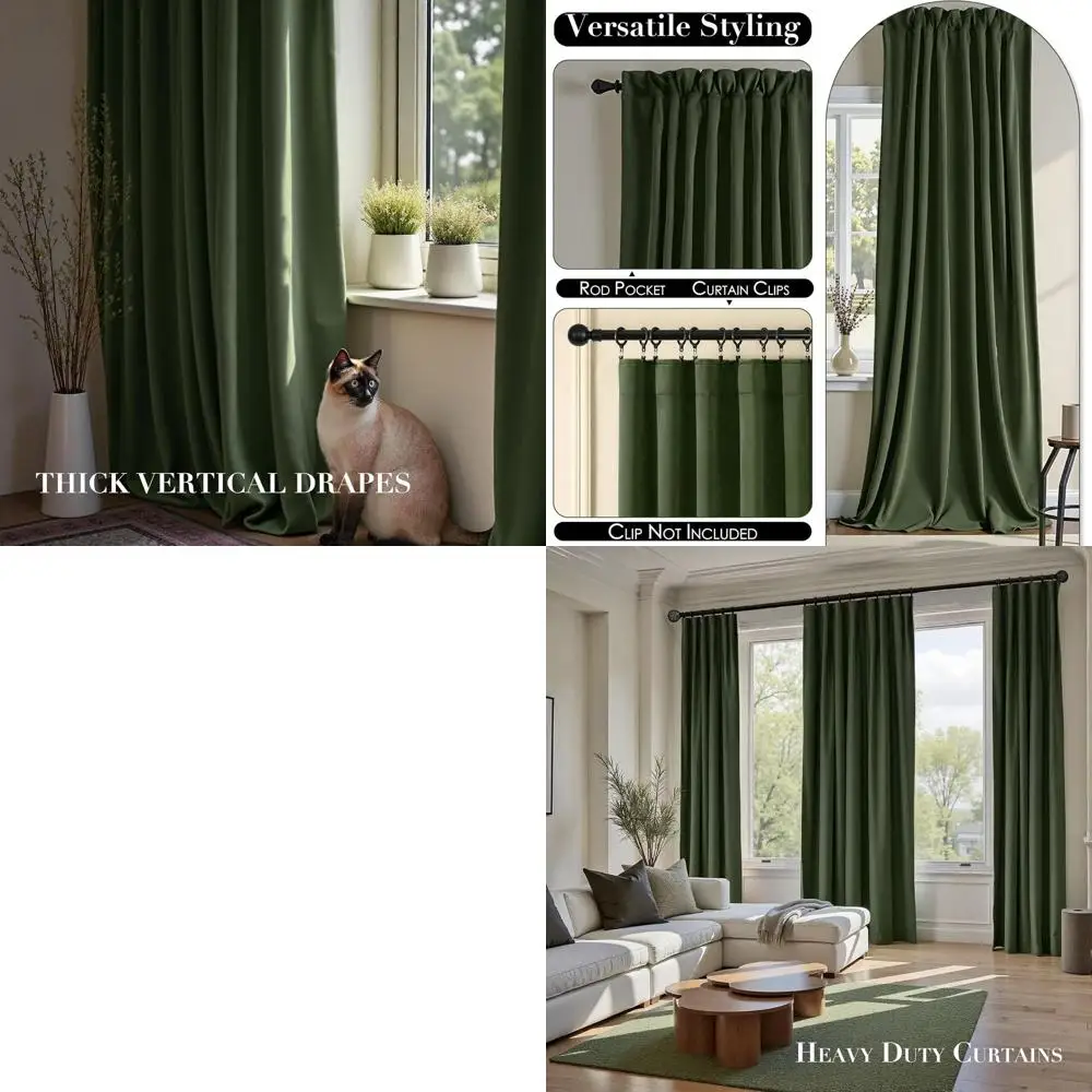 

Luxury Olive Green Velvet Insulated Blackout Curtains, 120 Long, Vintage Style, Set of 2 for Bedroom or Living Room