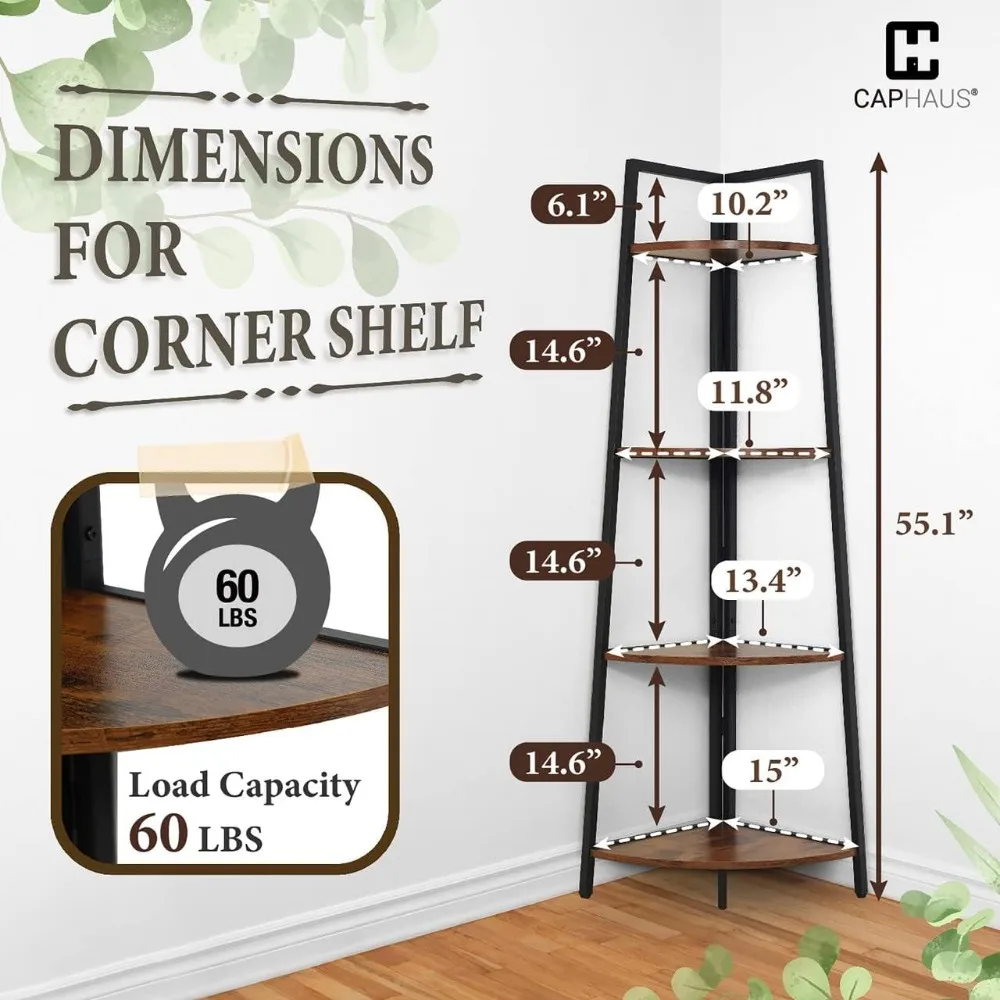 

Tall Corner Shelf Stand, 4-Tier Display Shelves, Ladder Corner Wood Storage Plant Bookshelf with Metal Frame, Versatile Shelving