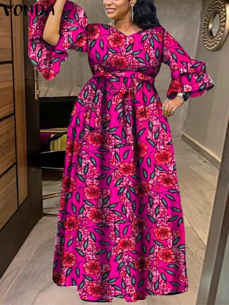 Kwiatowe w stylu boho sukienka Maxi z nadrukiem VONDA seksowna damska z dekoltem w serek z długim rękawem, marszczona, 2024 moda luźna suknia w stylu Vintage