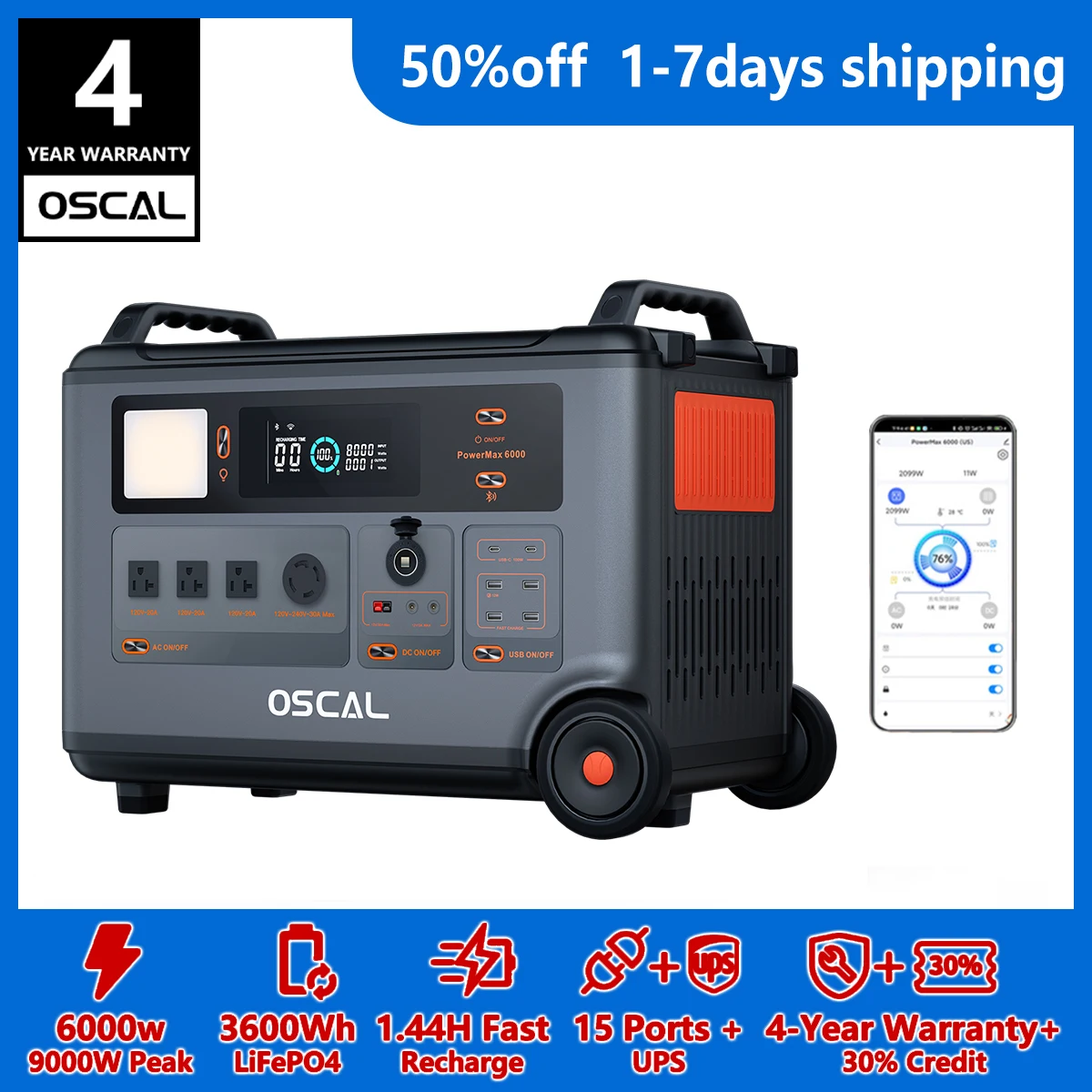 

OSCAL PowerMax 6000 Whole Home Solar Generator, 3600Wh LiFePO4 | 6000W (9000W Surge) | 1.96 H Charge | DC/AC Bi-Directional Inverter | for Home Emergency, Outdoor Camping，Hurricane Backup