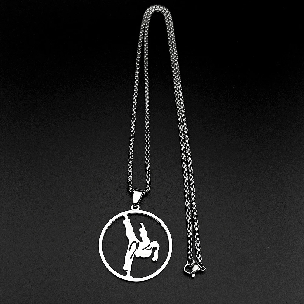 Karate Taekwondo Mädchen Anhänger Halskette für Damen Herren Edelstahl Silberfarben Sport Hip-Hop Mode Kette Schmuck Geschenke – Detail 8