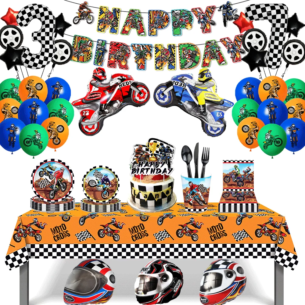 

Motorcycle Theme Happy Birthday banner Plates Cake Topper Helmet Motocross Balloon Dirt Bike Birthday Decorations Party Supplies