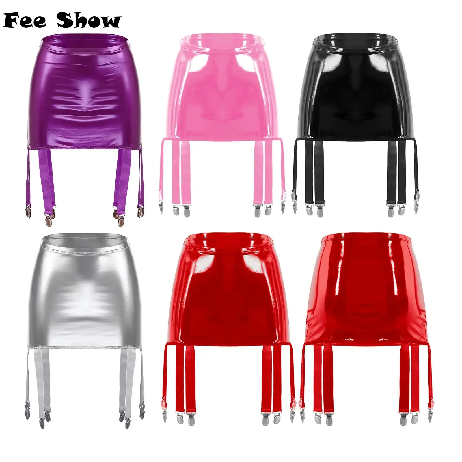 FEESHOW Womens Wet Look Patent Leather Garter Belt High Waist Suspenders with Six Metal Buckle Clips Clubwear