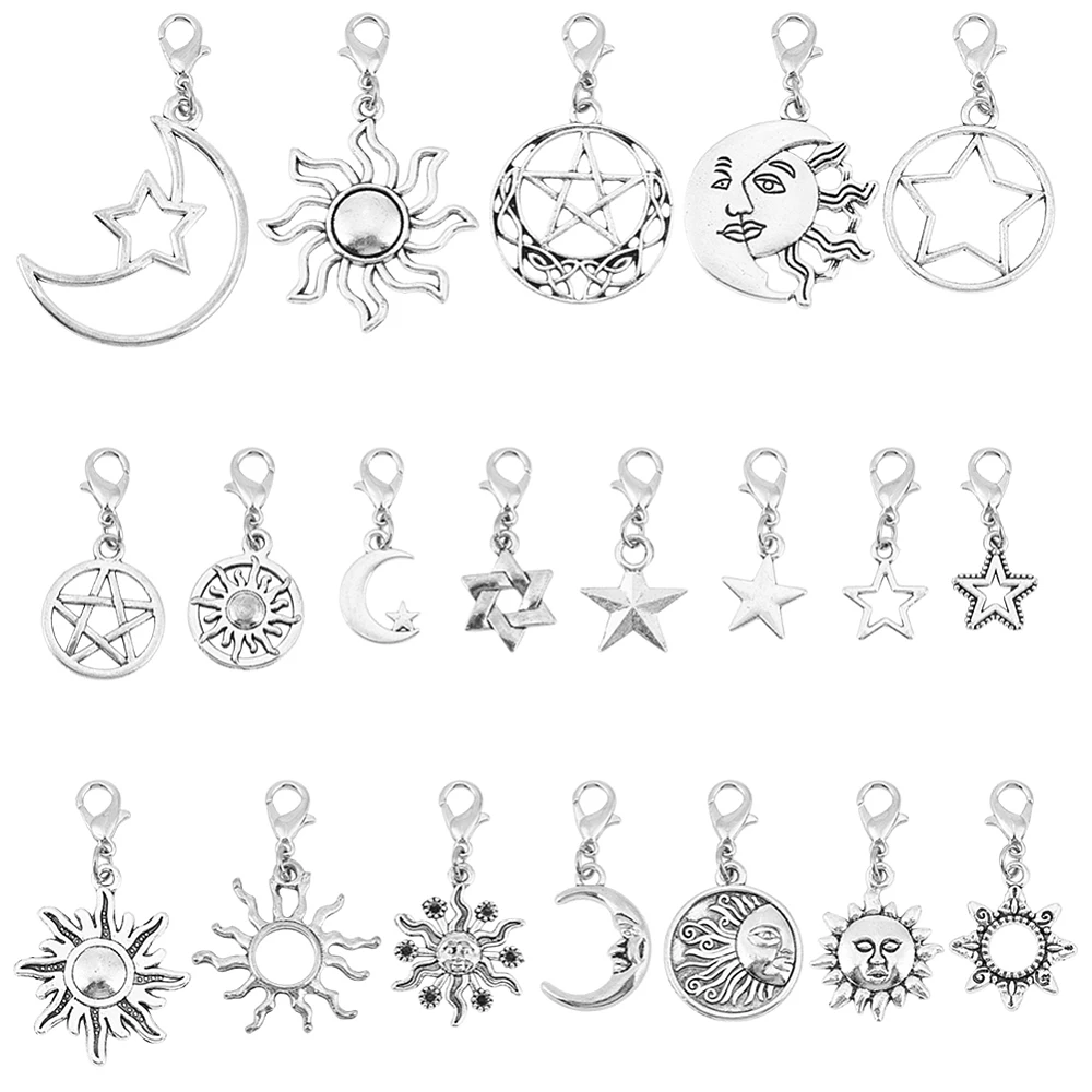 40 Pcs 20 Styles Star Zipper Pull Charm Moon Sun Alloy Zipper Pendant Star Clip on Charm Decoration for Luggage Backpacks
