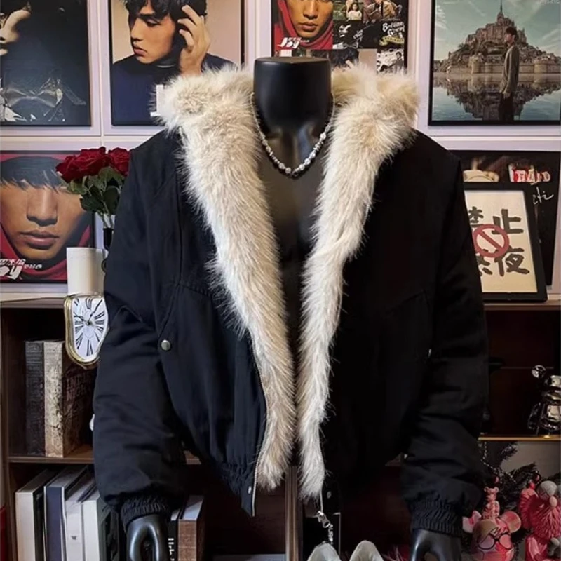 سترات قطنية عصرية بقلنسوة للرجال لشتاء 2025 سترات قصيرة فضفاضة ودافئة جديدة على الطراز الأمريكي سترات عصرية بأكمام طويلة #2