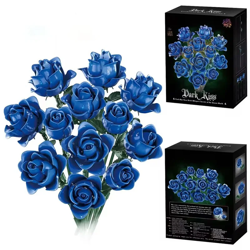 

585PCS Creative Blue Rose Bouquet Building Blocks Assembly DIY Flowers MOC Bricks Desktop Gifts for Girls Kids Adults