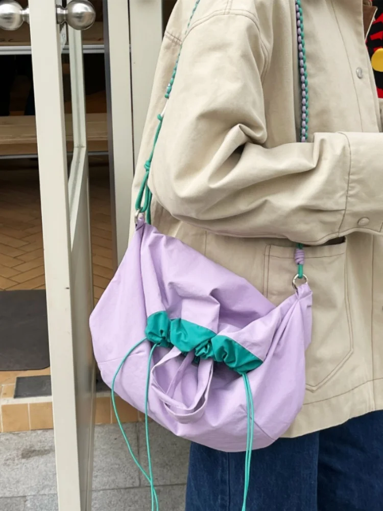 Casual Korean Contrast Color Knit Drawstring Handbag Shoulder Bags Women Multifunction Crossbody Bag