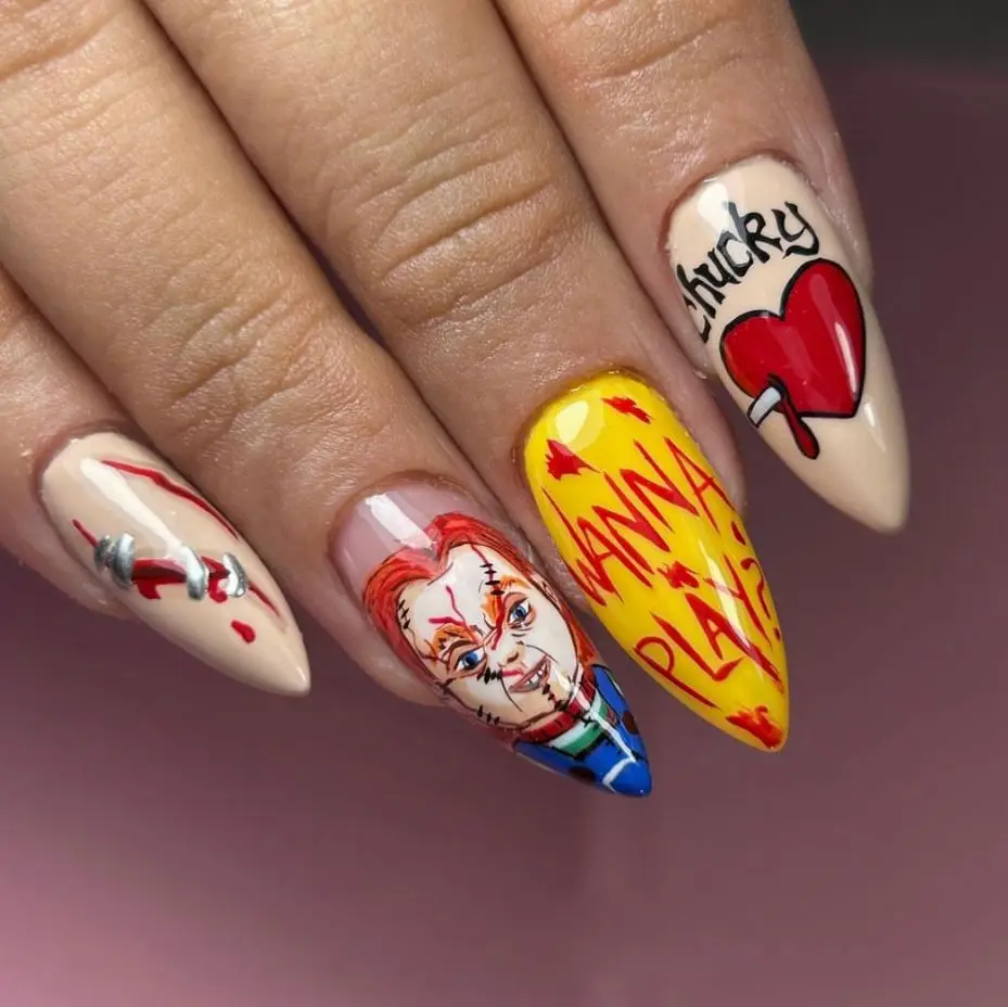 

24PCS Halloween False Nails Ins Ghost Witch Scars Heart Almond Fake Nails for Spice Girl Detachable Press on Nails Finished Tips