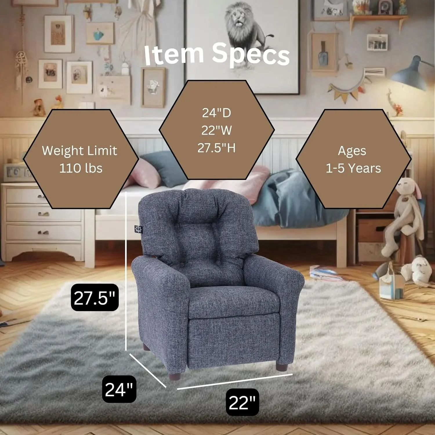 FURNITURE Traditional Kids Recliner, Toddler Ages 1-5 Years, Home Décor Polyester Linen, Gray