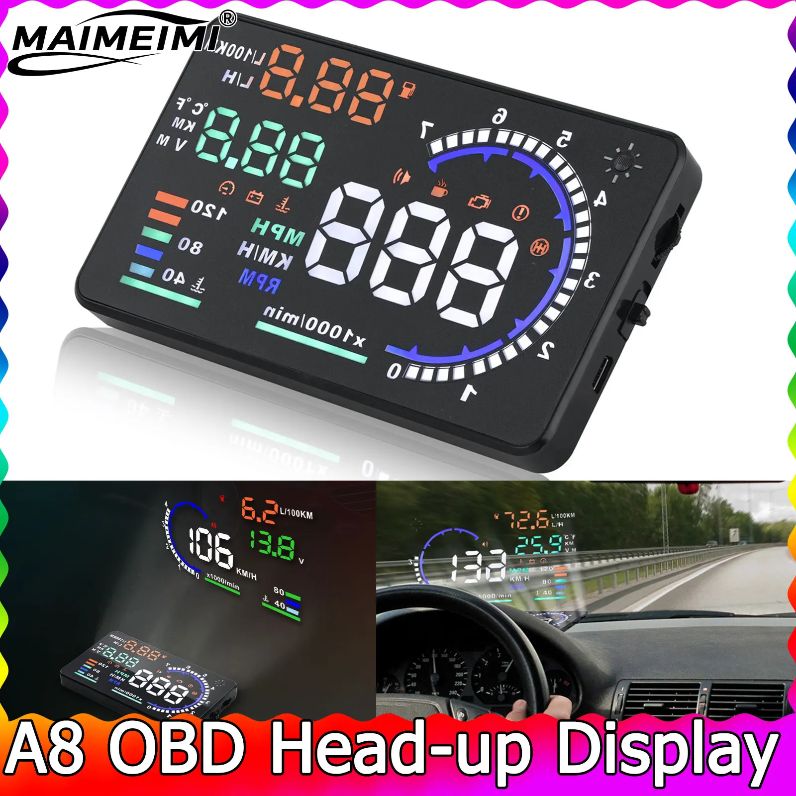 

A8 OBD HUD светодиодный проектор на лобовое стекло, спидометр, автомобильный проекционный дисплей, предупреждение о скоростях, температура воды, обороты, сигнализация о неисправности напряжения