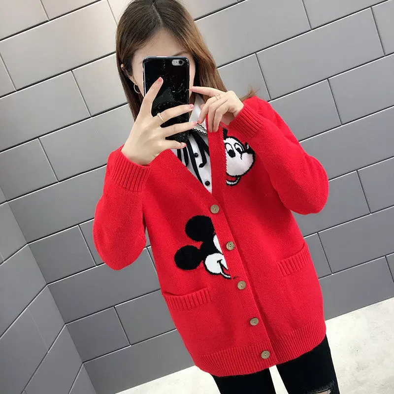 

Disney Cardigans Women Autumn and Spring Cartoon Mickey Mouse Knit Sweater Cardigan Loose V-neck Coat Women Clothes