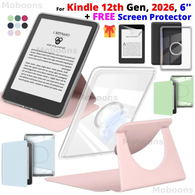 For Kindle 12th Gen 2026 Case + Screen Protector 360° Rotatable 2-in-1 Magnetic Detachable Stand 6'' Wake/Sleep Z8PC57/LP38MA