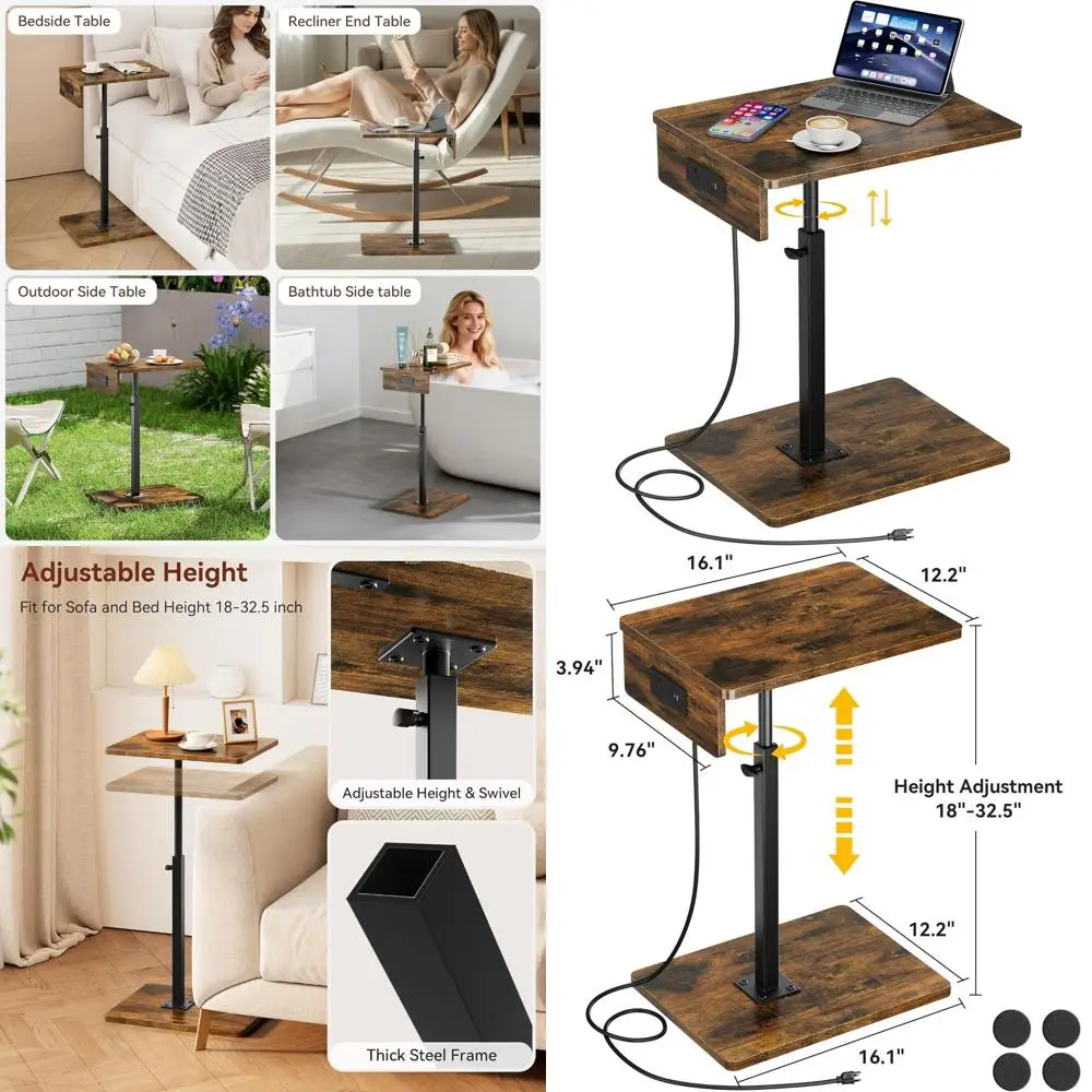 

Adjustable Height 360° Swivel C-Shaped End Table with Charging Station for Living Room, Sofa, Chair, and Bed