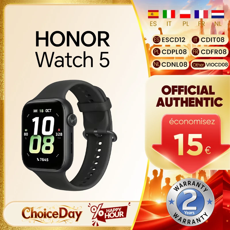 Montre Honor 5, analyse de la santé, suivi GPS précis, autonomie de 15 jours, écran AMOLED plus grand de 1,85 pouces, 60 Hz, 5 ATM, IP68, BT5.2