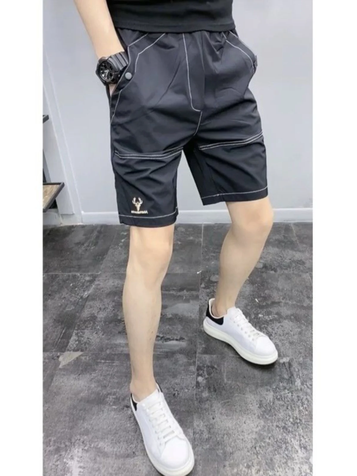 

Мужские летние тонкие быстросохнущие повседневные свободные спортивные шорты прямого кроя, рабочая одежда, модные универсальные брюки-капри черного цвета